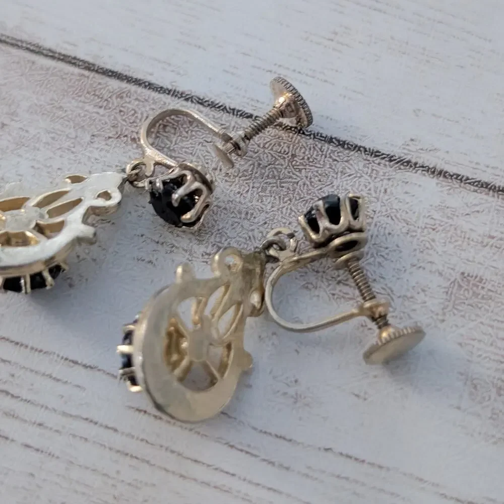 Vintage Screw On Earrings Elegant Black, Clear Gem & Gold Tone Dangle